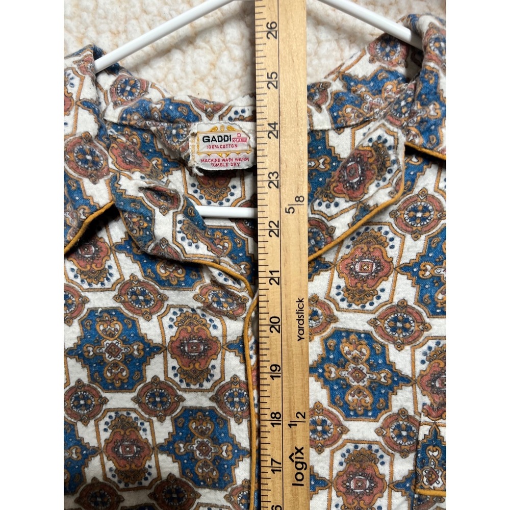 Vintage Gaddi 70s Pajama Set XL Boho Geometric Pattern Balloon Pants Blue Brown - Picture 15 of 16